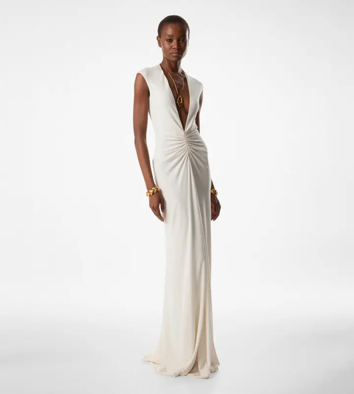 STRETCH SABLE' JERSEY DEEP V-NECK EVENING DRESS OFF WHITE online
